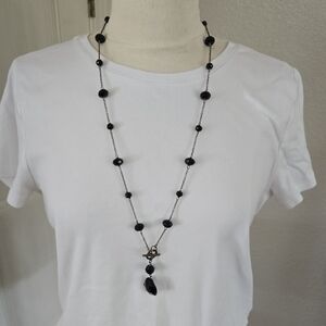 Long Black Bead Pendant Necklace - Elegant Women's Jewelry